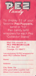 Order form for PEZ Collector Stand - 1980s (back)